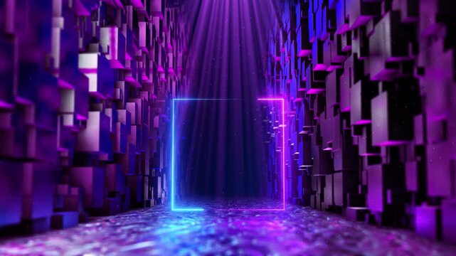 3D CGI futuristic cyberpunk corridor purple blue geometric walls, sparkling crystalline floor, dramatic light beams blue pink neon rectangular portal for sci-fi, virtual reality, metaverse technology