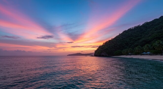 Tropical beach sunset with vibrant sky, calm sea, and lush green hillside