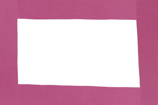 Frame made from purple torn paper stripes on white background	