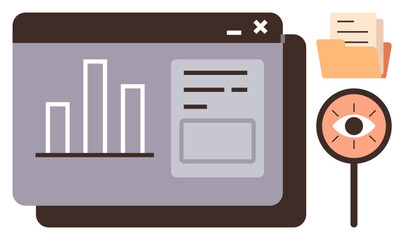 Data visualization, file management, information security, digital monitoring, data analytics, productivity tools. Bar graph on a screen with files and an eye icon. Data analytics and file management © robu_s