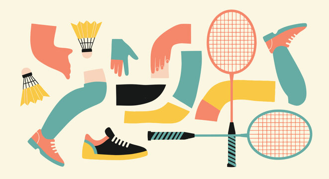 A colorful deconstructed illustration depicts badminton equipment and the fragmented body of an athlete