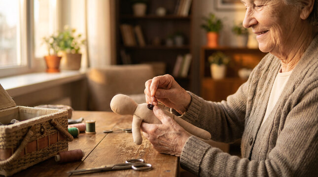Senior Woman Repairing a Cloth Doll at Home
