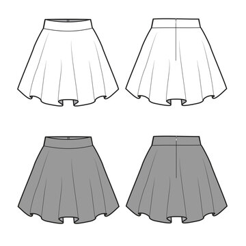 Circle skirt front and back view vector design technical flat drawing by adobe illustrator.