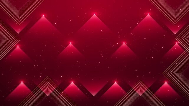 Red Spotlight Pyramid cinematic background. event staging, product reveal promotional overlays red triangular spotlights golden line accents geometric depth, dramatic lighting refined, modern stage 3D