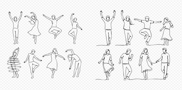 Continuous line drawing of people in various active poses, celebrating and dancing with joy.