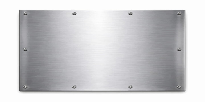 Brushed metal plate background with screws and industrial steel texture in silver gray metal frame surface with rivets and blank plaque design