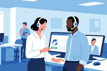 Obraz premium Vector Two Customer Service Workers Talking to Each Other Illustration Creative Design Template 