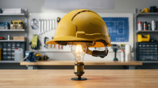 Industrial yellow safety helmet resting on glowing light bulb base in workshop environment representing protection and innovation