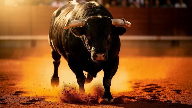 Powerful charging bull running in dusty arena with dramatic sunlight and intense action
