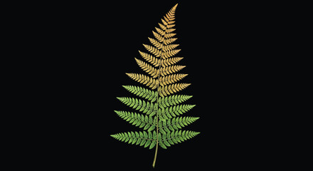 A vibrant detailed depiction of a fern frond transitioning from green to golden hues against black © Shakil