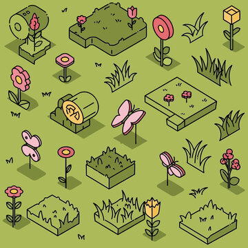 Colorful isometric garden elements and flowers.