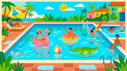 Naklejka premium Summer Pool Party Event at Tropical Resort Flat Vector
