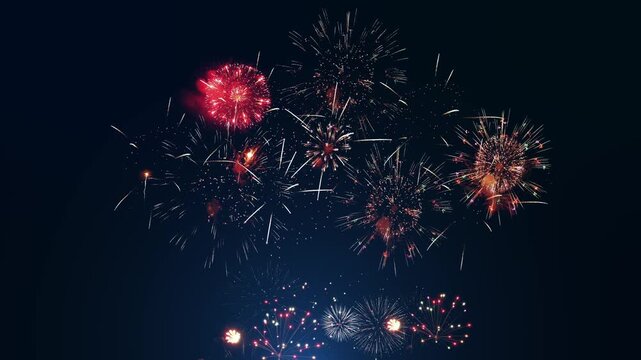 Real shining fireworks celebration background. multicolor firework new year's eve countdown festival sky display night festival Christmas, Diwali, Ramadan glitters Bokeh Logo title reveal Intro