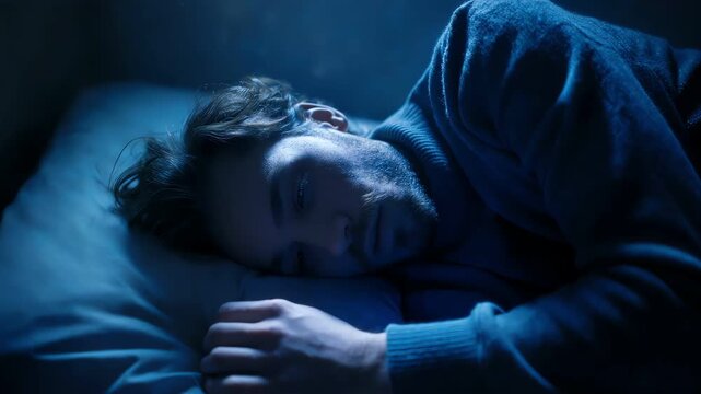 Surreal man sleeping under a magical blue galaxy and starry sky overlay