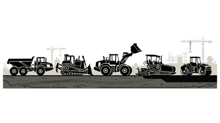 Fototapeta premium Row of Construction Machinery and Heavy Equipment Silhouettes on a White Background.