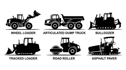 Collection of Construction Vehicles: Wheel Loader, Bulldozer, Articulated Dump Truck, Road Roller and Asphalt Paver. © Santy