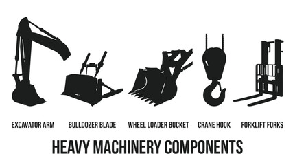 Lineup of heavy machinery components including excavator arm bulldozer blade wheel loader bucket crane hook and forklift forks. © Santy