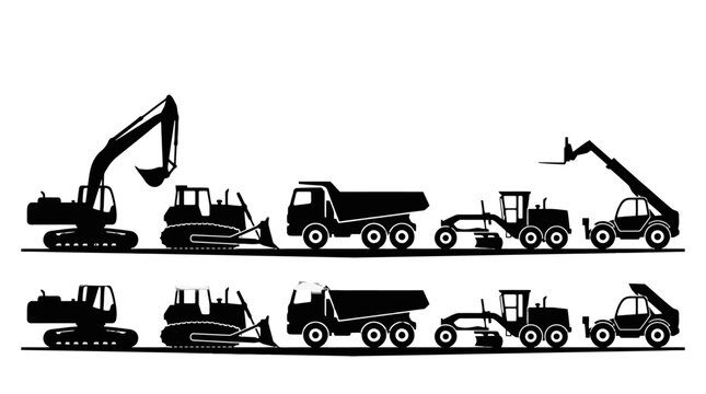 Silhouettes of heavy construction equipment and transport vehicles in a neat lineup.