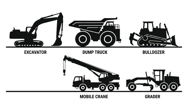 Silhouettes of Construction Machinery Including Excavator Dump Truck Bulldozer Mobile Crane and Grader.