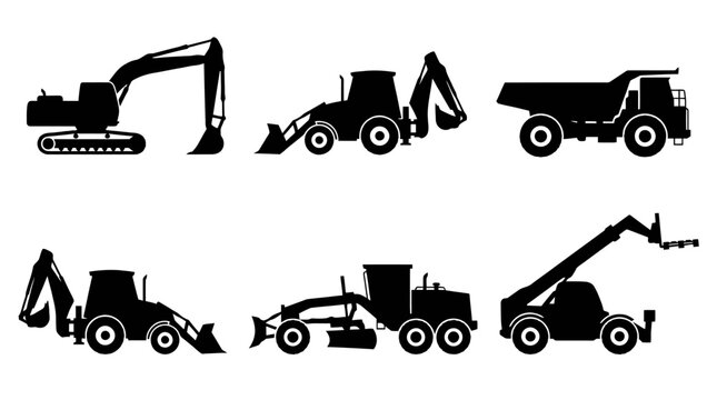 Collection of silhouette heavy construction machines including excavator bulldozer loader backhoe dumptruck in industrial scene.