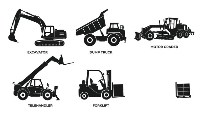 Collection of construction and industrial machinery icons featuring excavator, dump truck, motor grader, backhoe loader, telehandler, forklift and trailer.