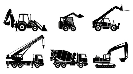 Collection of diverse construction machinery including excavators dump trucks and cranes at a worksite. © Santy