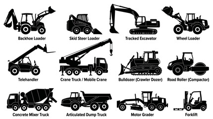 Obraz premium Collection of Construction Machinery Icons and Heavy Equipment Illustrations.