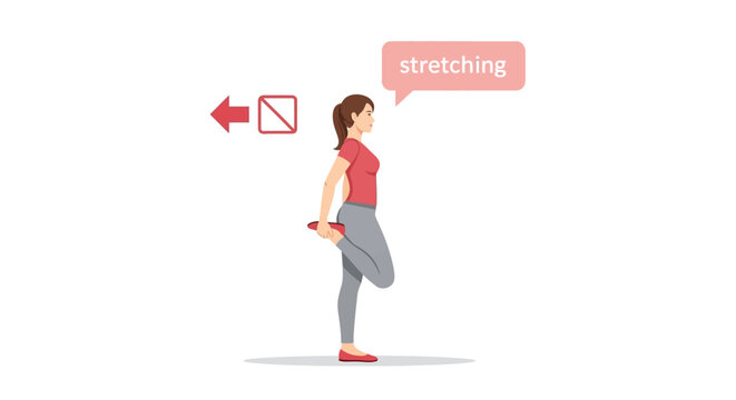 A woman in activewear demonstrates a hamstring stretch with a visual cue indicating proper form