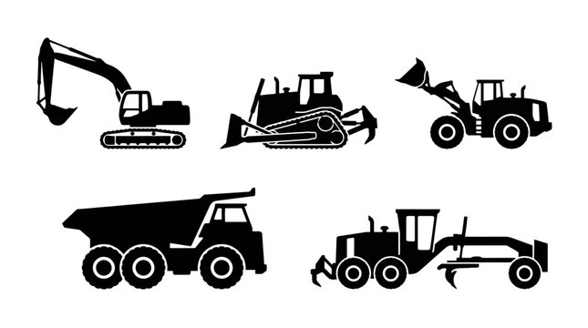 Collection of Construction Machinery Silhouettes Featuring Excavators, Bulldozers, Loaders, Tractors and More.