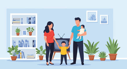 A happy family of four stands in their living room enjoying time together near the television © Shakil