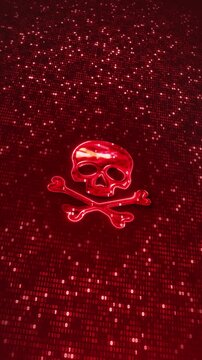 Digital Skull Warning Animation skull binary stream system intrusion data compromise visuals. IT security training hacking documentaries, cybercrime awareness campaigns, digital protection marketing.