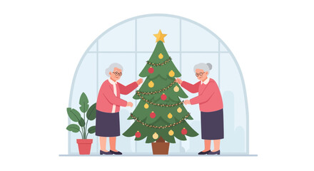 Fototapeta premium Elderly women decorating Christmas tree, celebrating winter holidays together