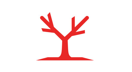 A striking red graphic depicts a simplified tree form showcasing bare branches against a white background © Shakil
