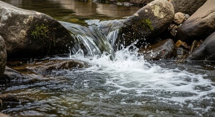 Fototapeta premium Dynamic Water Splash and Flow Over Rocks in a Natural Stream