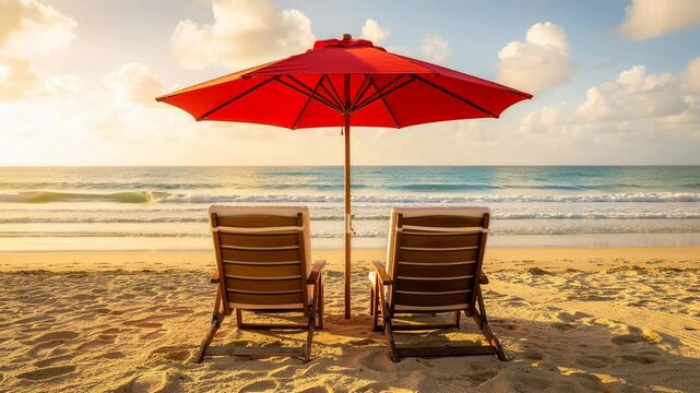 Relaxing beach scene with two wooden lounge chairs under red umbrella by ocean shore at sunset