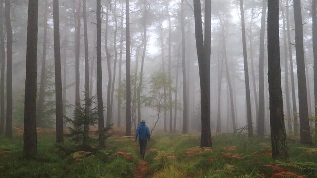 A lonely man walks along an autumn forest path among misty trees