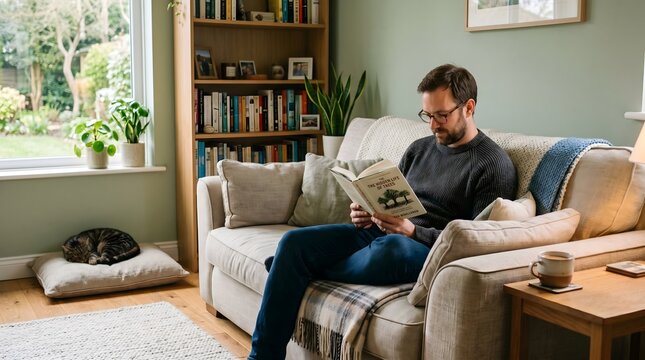 A middle aged man reading a book while sitting on a comfortable sofa in a cozy home interior with his cat nearby.