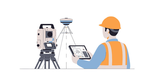 Surveyor using total station and GPS device with tablet for construction site measurement
