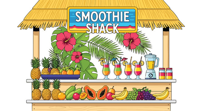 A colorful smoothie shack with fruits and flowers
