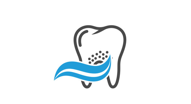 A stylized illustration depicts a tooth with a blue wave representing toothpaste or a cleaning action