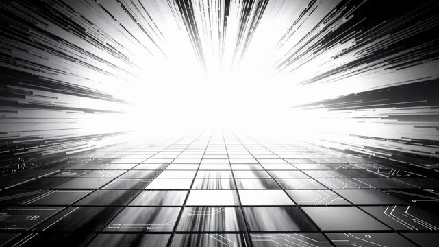 Futuristic digital explosion with bright light and circuit board pattern in black and white technology design
