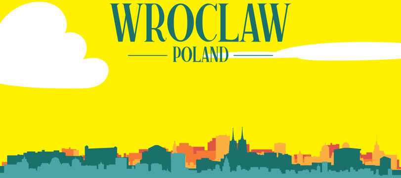 A colourful vector cityscape with sunset tones representing retro minimalist tourist poster skyline of WROCLAW, POLAND