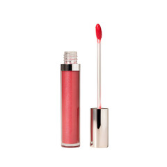 Obraz premium Close-up of vibrant red lipstick tube with applicator on neutral background