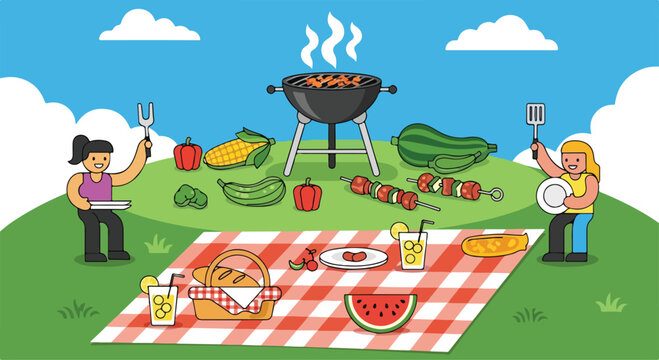 A picnic scene with people grilling outdoors