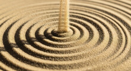 Naklejka premium Close-up macro shot of fine sand pouring into a zen garden, creating intricate concentric circular patterns