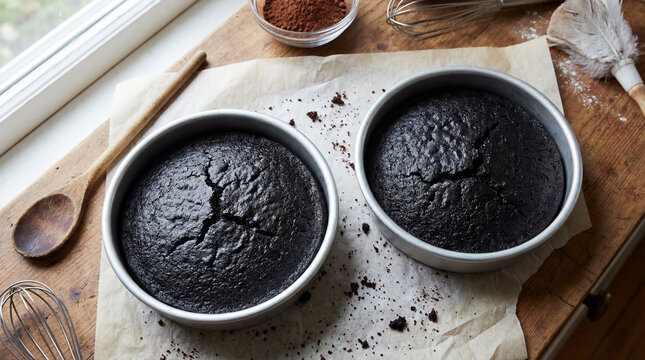 Homemade chocolate layer cakes cooling in round pans on rustic kitchen table for baking tutorial dessert preparation recipe content home cooking celebration menu advertising bakery branding