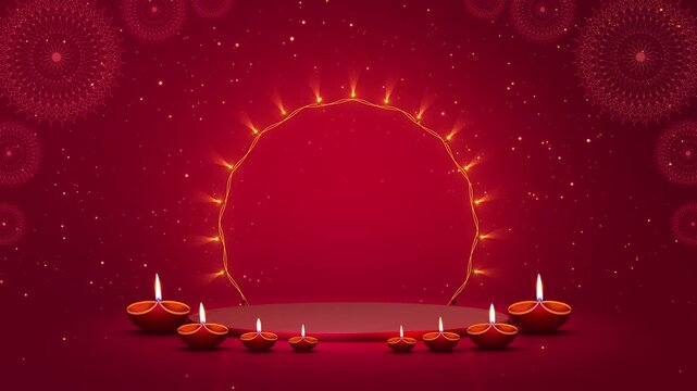 Festive template showcasing a red backdrop, decorative mandalas, and glowing traditional diyas for adding text for Hindu New Year, Diwali wishes, or wedding invites. Glowing Frame Indian Oil Lamps