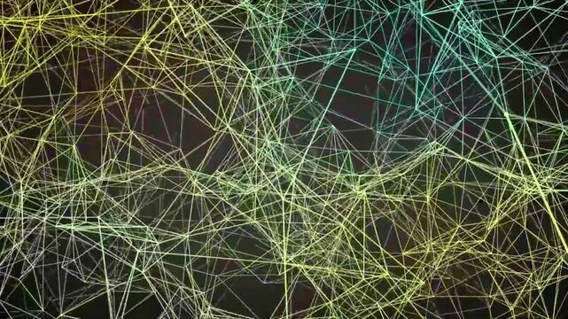 Modern cyber security and artificial intelligence visualization featuring a complex revolving web of interconnected particles and lines.
