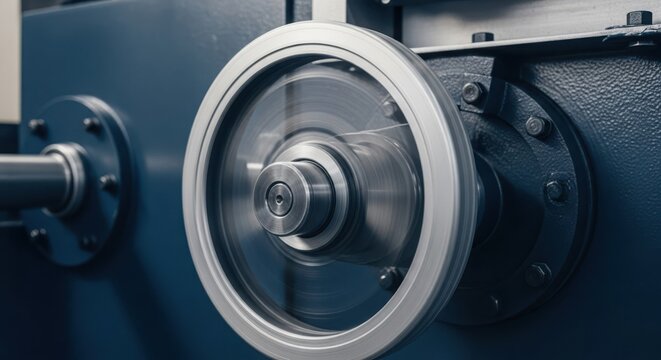 Close-up of a rapidly spinning industrial metal pulley wheel in motion, showcasing mechanical engineering details.