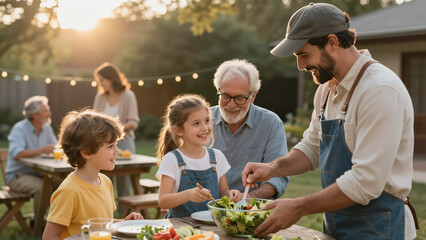 Fototapeta premium Multi-Generational Family Meal Preparation – Grandfather, Father, and Children Cooking Together in Backyard for Family Bonding and Intergenerational Connection